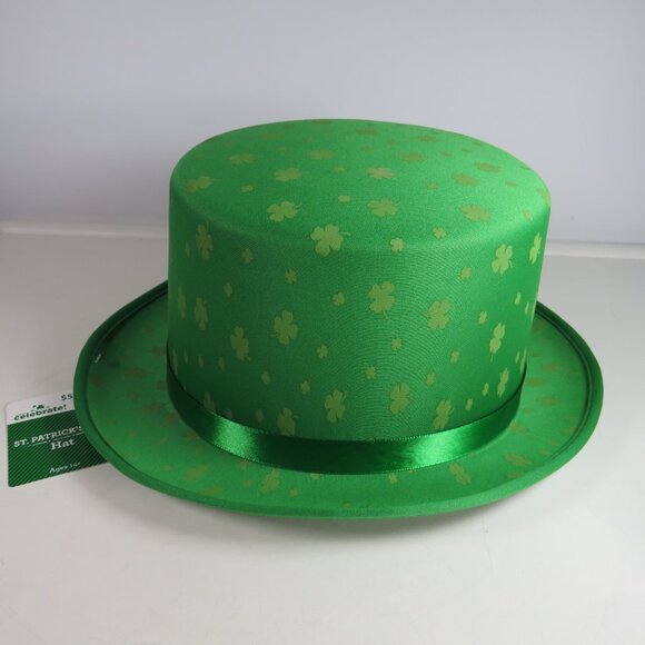 St Patrick's Day Satin Fabric Top Hat with tone on tone shamrocks - Picture 3 of 12